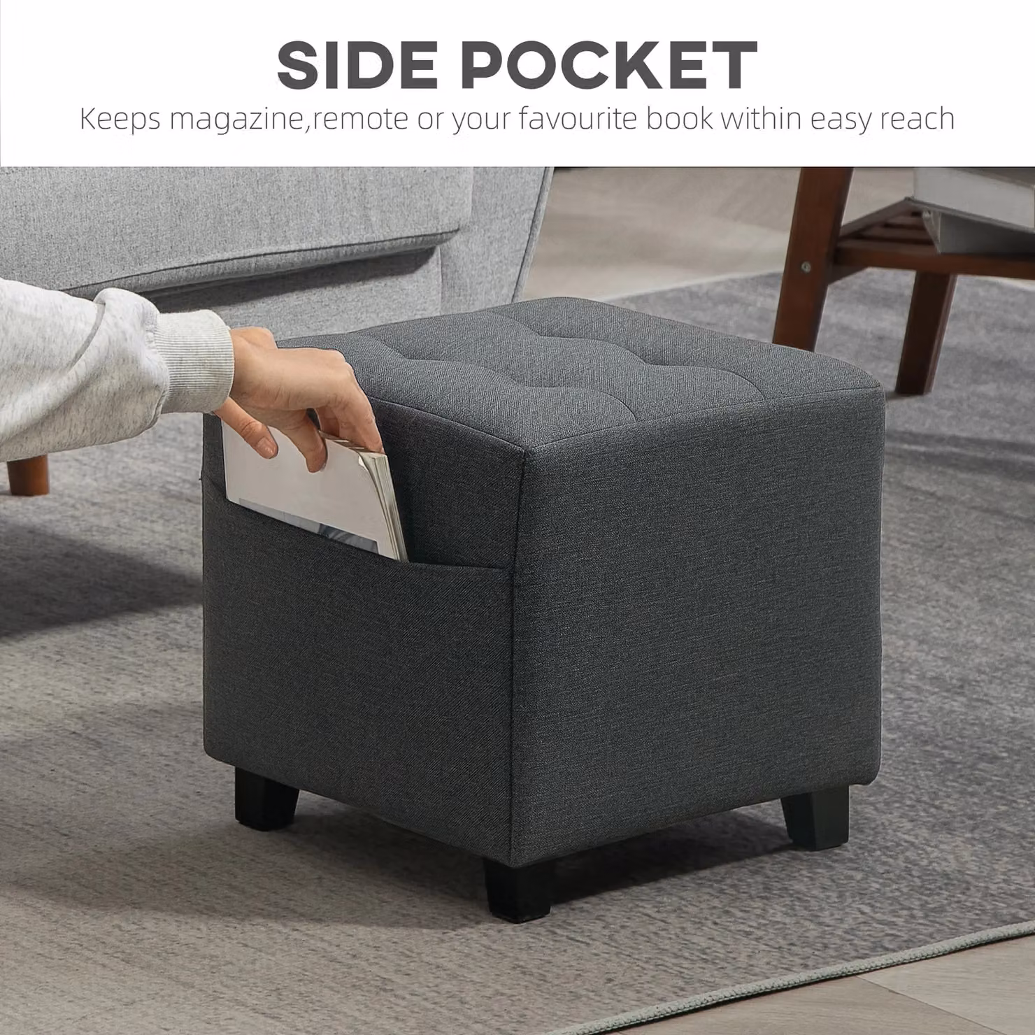 HOMCOM Grey Square Fabric Ottoman Footstool with Padded Seat – 5