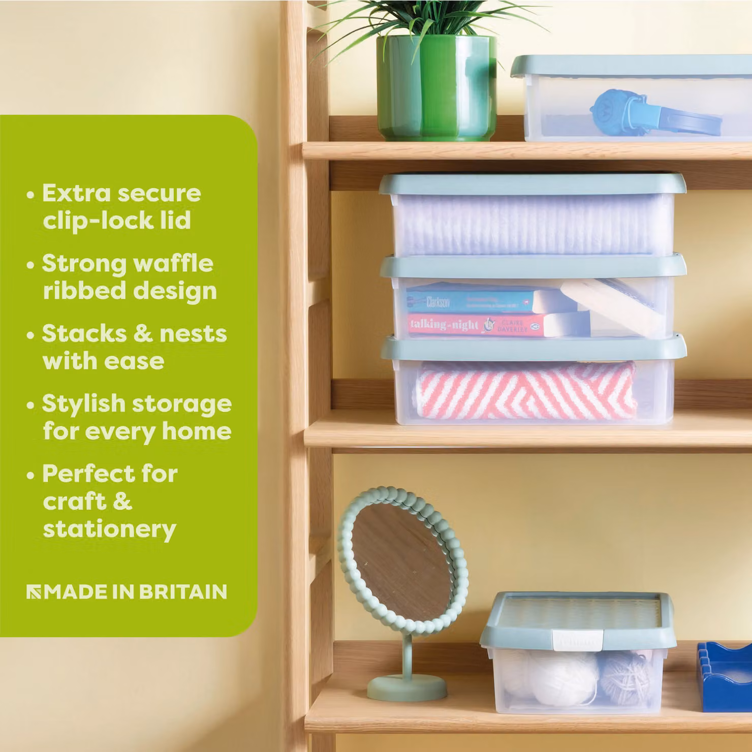 Wham Clip Set of 3 Green Transparent Plastic Rectangular Storage Boxes with Clip Lock Lids, 7L Each – 2