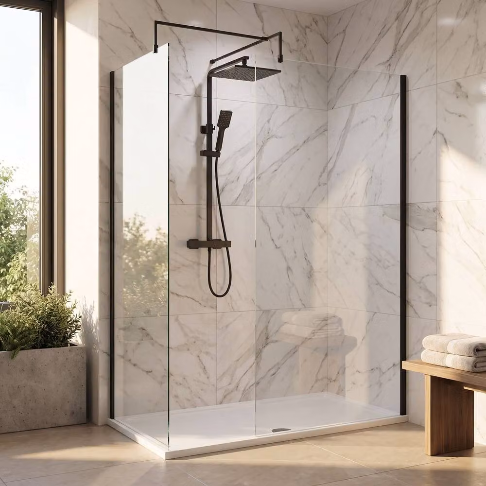Balterley Matt Black Walk-In Wetroom Bundle with Rectangular Transparent Glass, W: 1600 mm, D: 800 mm – 3