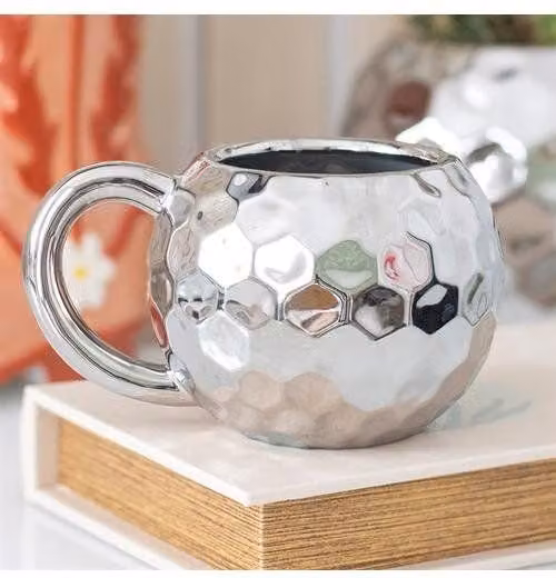 KDMD Silver Disco Ball Ceramic and Stainless Steel Mug, 400 ml – 1