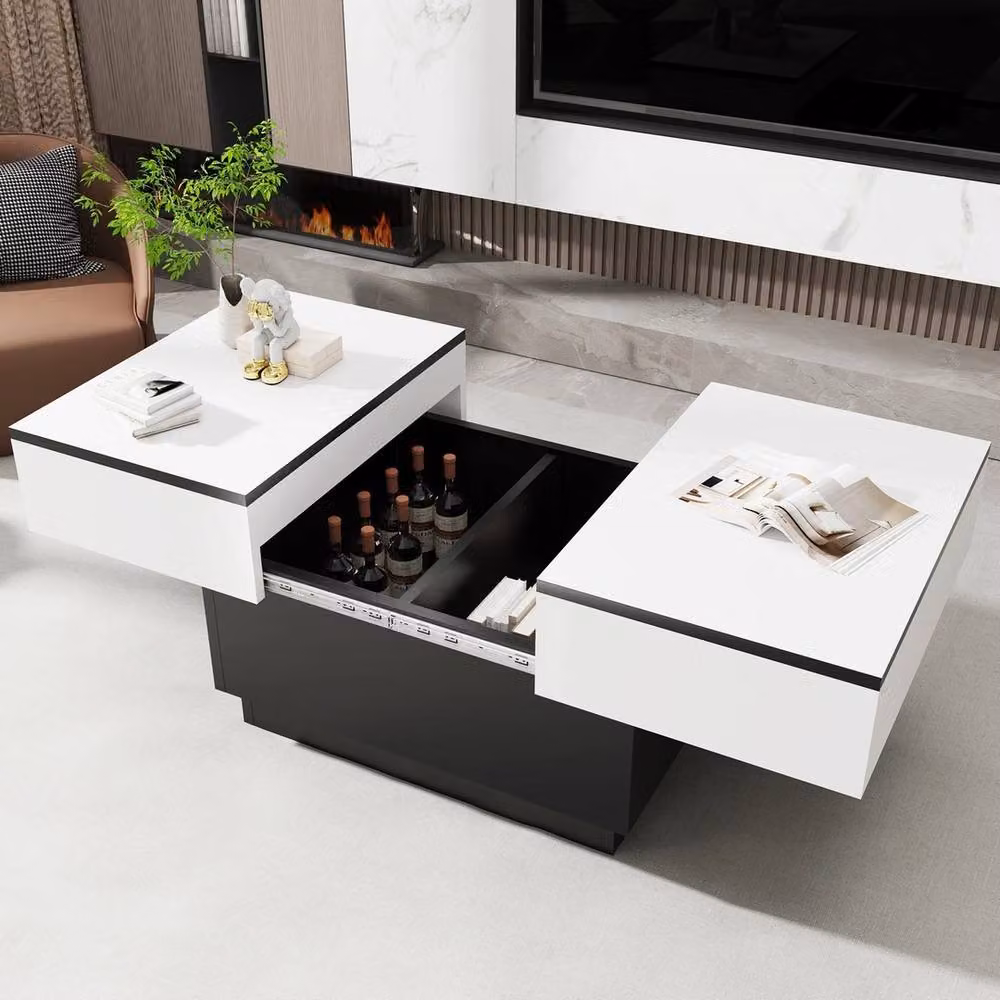 NESTLUNE Extendable Wooden Coffee Table with LED Lighting and Hidden Storage in White, W: 100 cm, D: 15 cm – 6