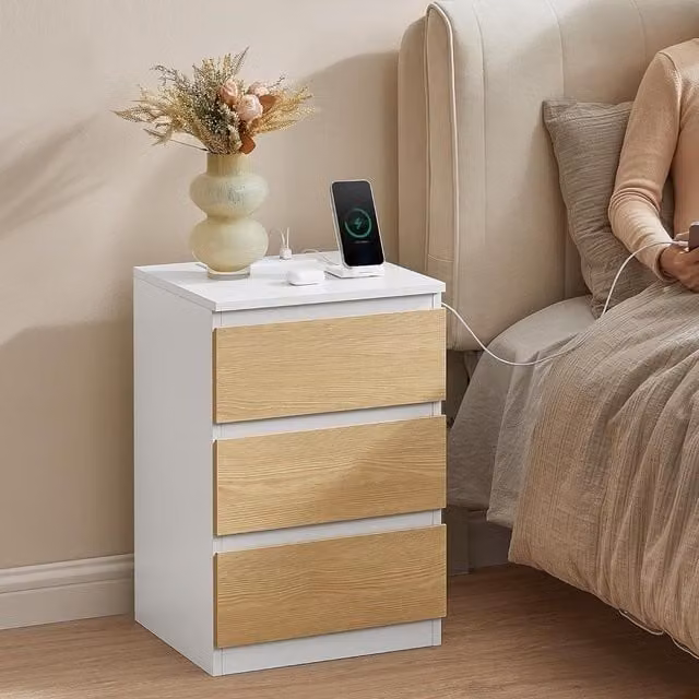 VASAGLE Modern Bedside Table with USB Outlets and Drawers in White and Multicolour – 1