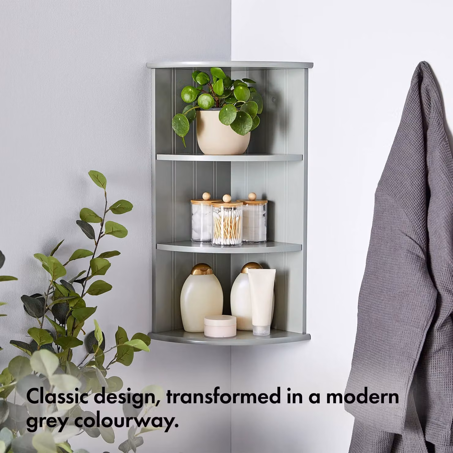 VonHaus 3 Tier Grey Corner Shelf Unit for Bathroom, Living Room or Kitchen, Wall Mounted or Freestanding, W/D/H: 25.5 x 25.5 x 61.0 cm – 2