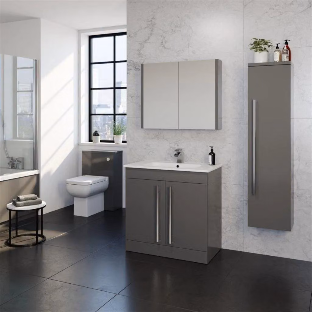 Clifton Grey Gloss 2 Door Freestanding Bathroom Unit with Ceramic Basin, Width: 60 cm – 2