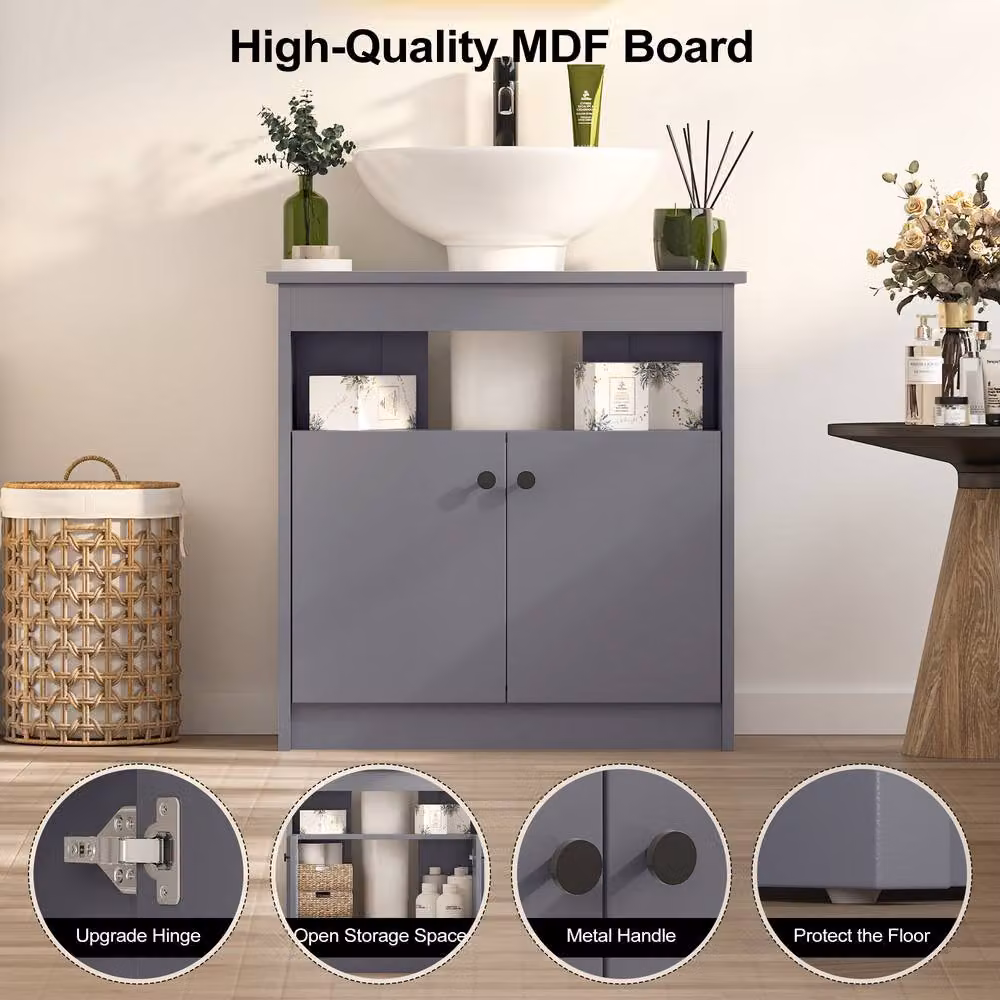 KEEPREAPER Grey Under Sink Bathroom Cabinet, Freestanding 2 Door Storage Unit with Internal Shelves, Width: 60 cm – 2