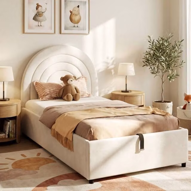 Merax Single Velvet Ottoman Bed with Storage and Arched Headboard, Beige, W/D/H: 90 x 190 x 100 cm