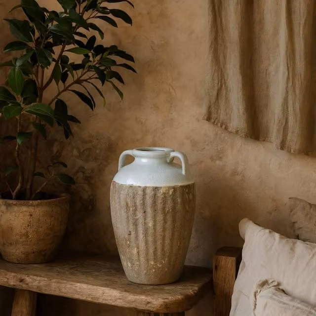 Wyld Haus Stonewild Large Ceramic Amphora Vase in White and Sand