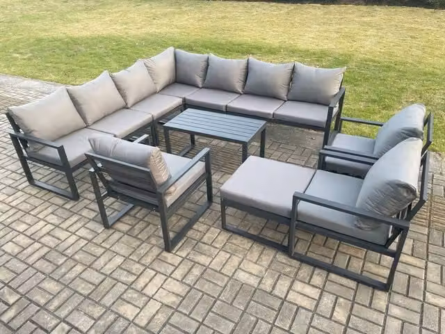 Fimous Powder Coated Aluminium L-Shape Garden Lounge Corner Sofa Set with Coffee Table and Ottoman in Dark Grey