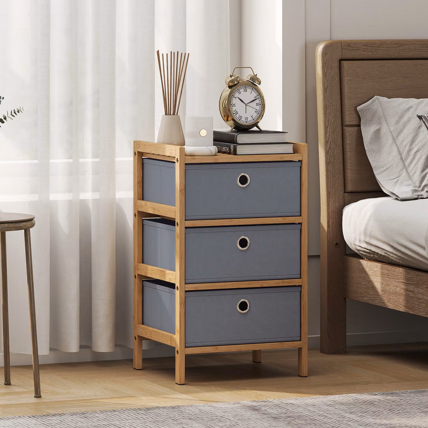 HOMCOM Narrow Chest of Drawers with 3 Fabric Drawers and Bamboo Frame, Light Grey – 2