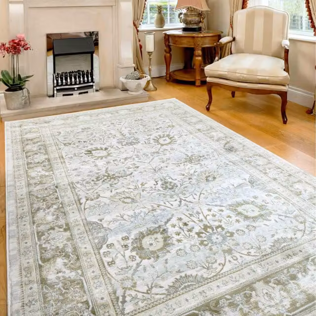 The Rug House Green Floral Pattern Rectangular Area Rug W: 110 cm, D: 60 cm