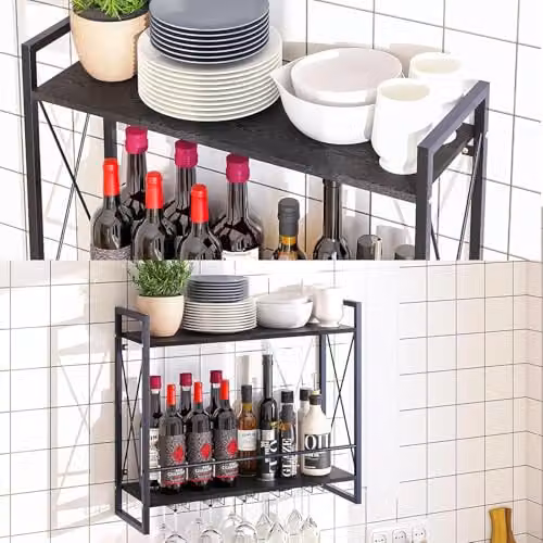 Huhote Wall Mounted 2 Tier Wine and Glass Rack with Industrial Iron Frame and Wood Shelving, Black – 5