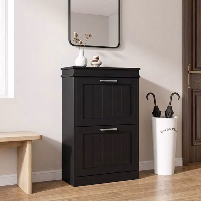 STILVORA Black Matt Shoe Cabinet with 2 Tilting Doors and Silver Details, H: 82.5 cm, W: 54.0 cm – 1