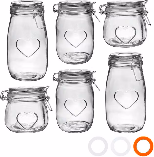 Nicola Spring Pack of 6 Airtight and Leakproof Glass Storage Jars with Wire and Silicone Lids in Transparent and Yellow