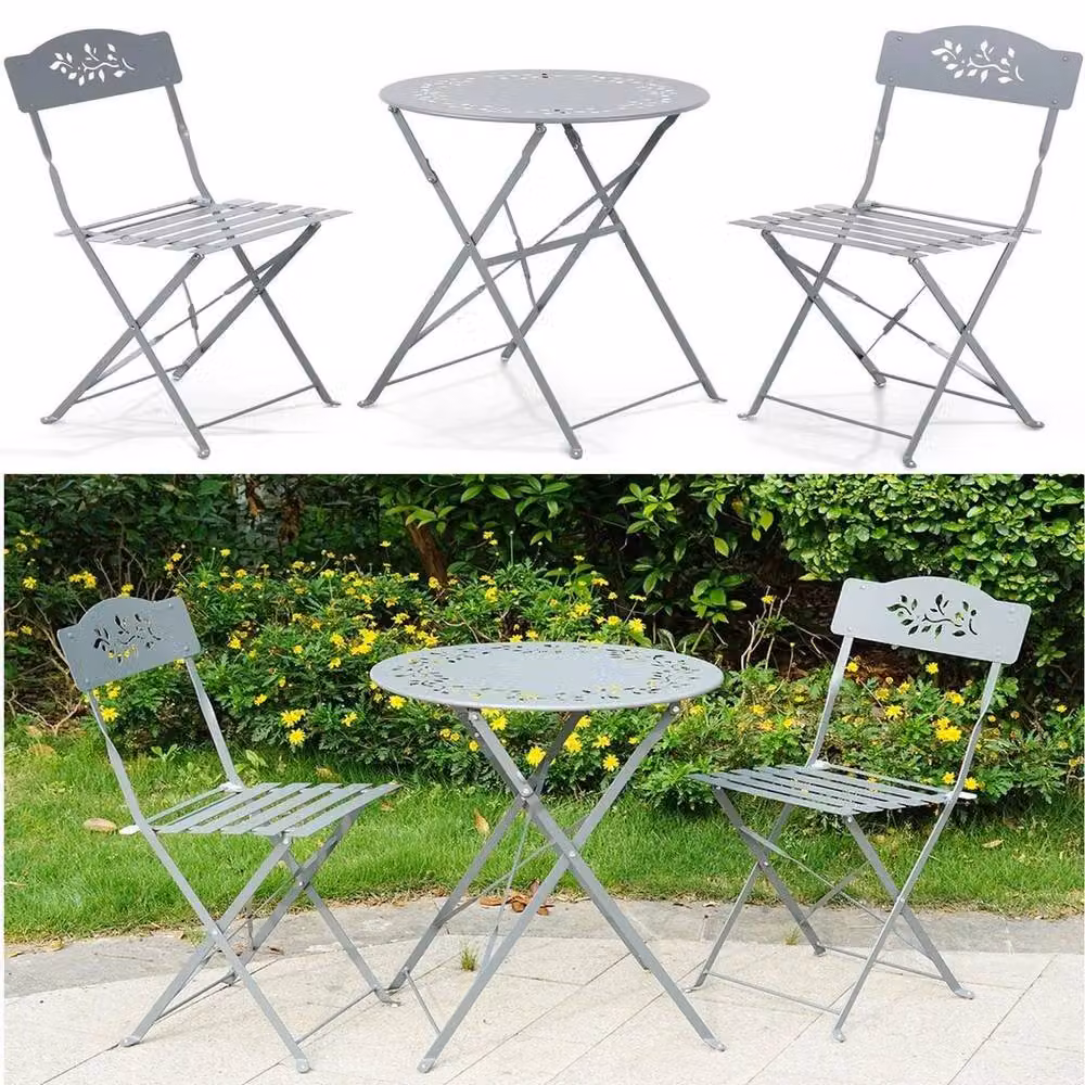 FLAVORA 3 Piece Grey Metal Leaf Bistro Garden Furniture Set – 2