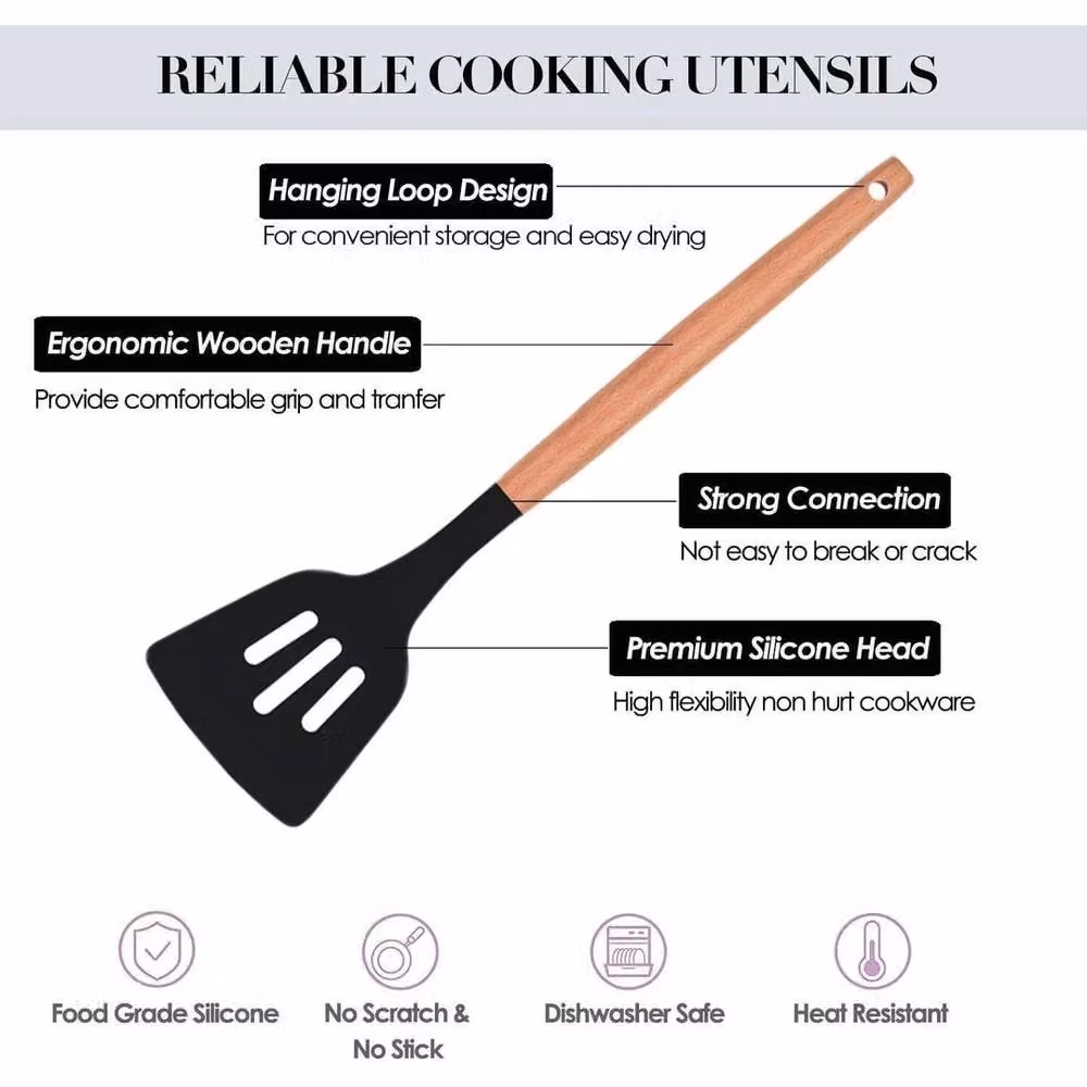 EONLION 12-Piece Black Kitchen Utensils Set with Heat-Resistant Silicone and Wood Tools – 3