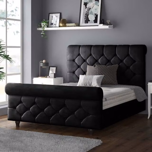 IH Design Chesterfield Upholstered Velvet Bed Frame, Black, W/D/H: 90 x 200 cm