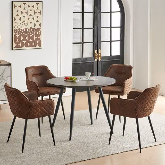 SONARA Dark Walnut Round Dining Table and 4 Brown Faux Suede Dining Chairs Set – 1