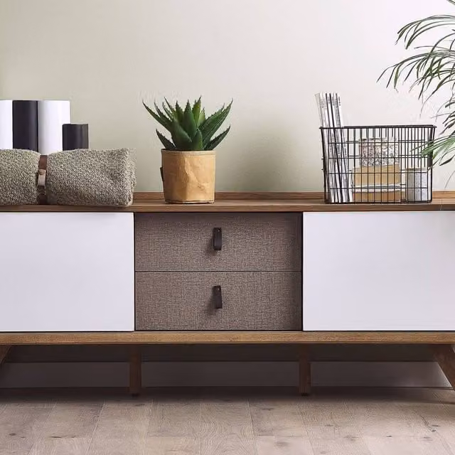 Wyld and Coco Modern Sideboard in Brown, White and Grey with 2 Sliding Doors and 2 Drawers, W/D/H: 147 x 42 x 56 cm