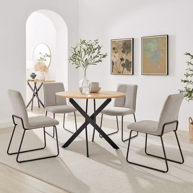 FurnitureboxUK Novara Round Dining Table with 4 Halley Chairs in Brown and Taupe, Oak Veneer Top, Diameter: 100 cm