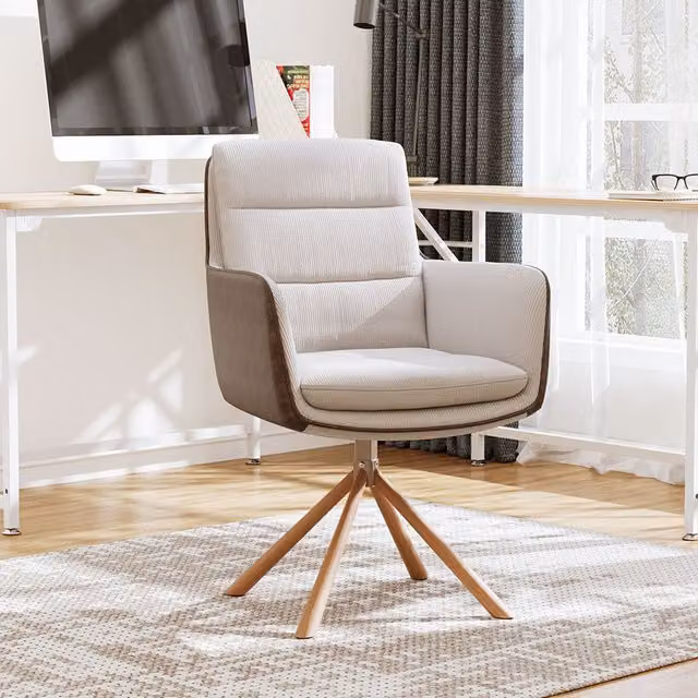 Komore Modern Office Chair with Oak Wood Base and Beige Fabric Armrests