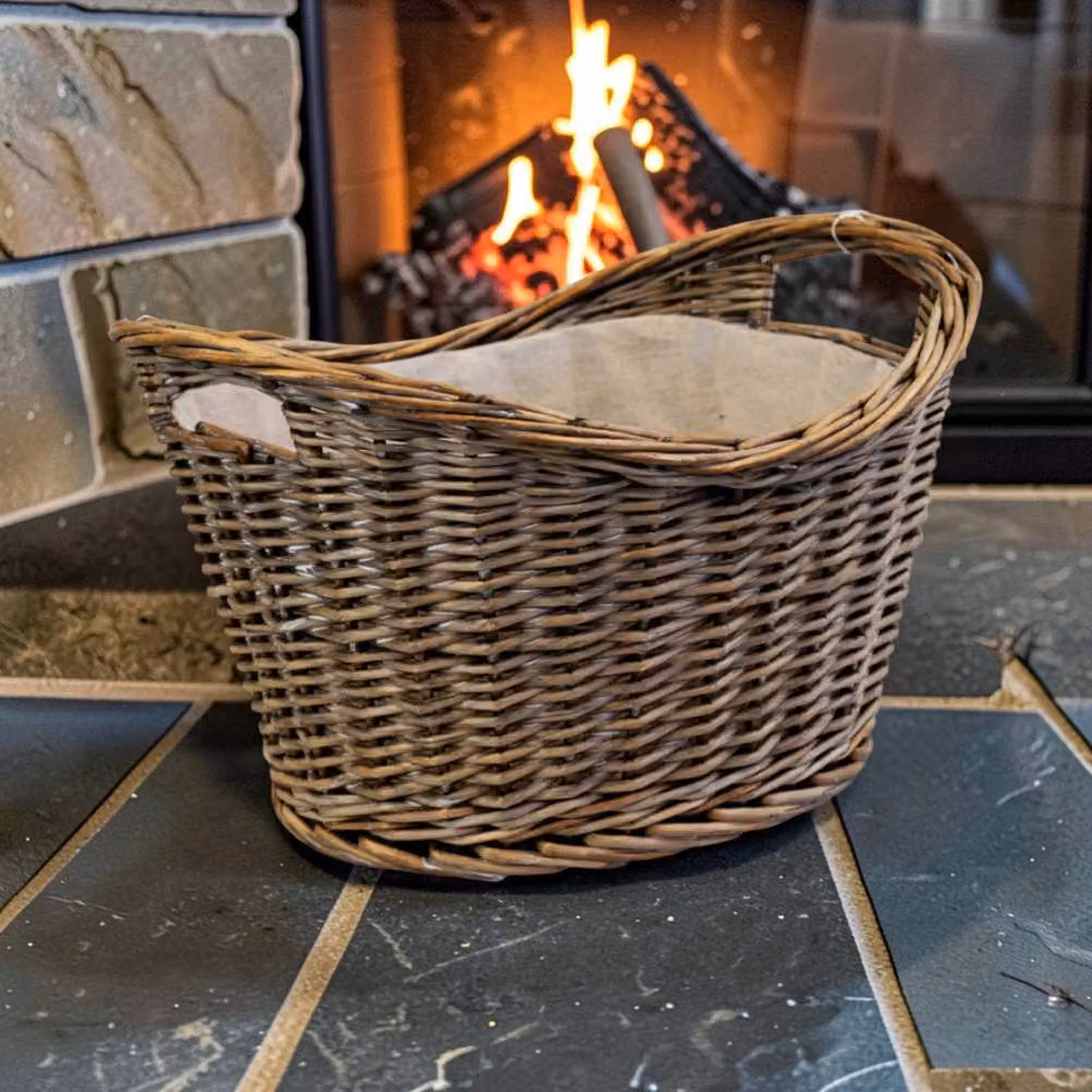Four Candle Brown Open Weave Rattan Log Basket with Carrying Handles – 2