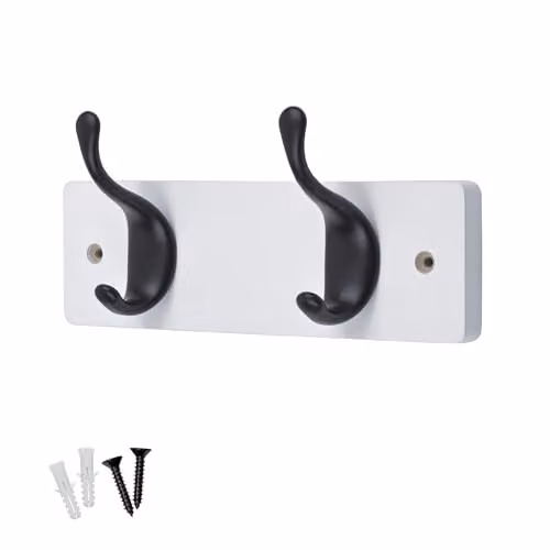 Keypak 2 Matte Black Coat Hooks on White Wooden Board, Width: 22.5 cm – 1