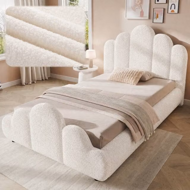 ModernLuxe Upholstered Single Bed Frame with Petal Padded Headboard in White, W/D/H: 90 x 190 x 106 cm – 1