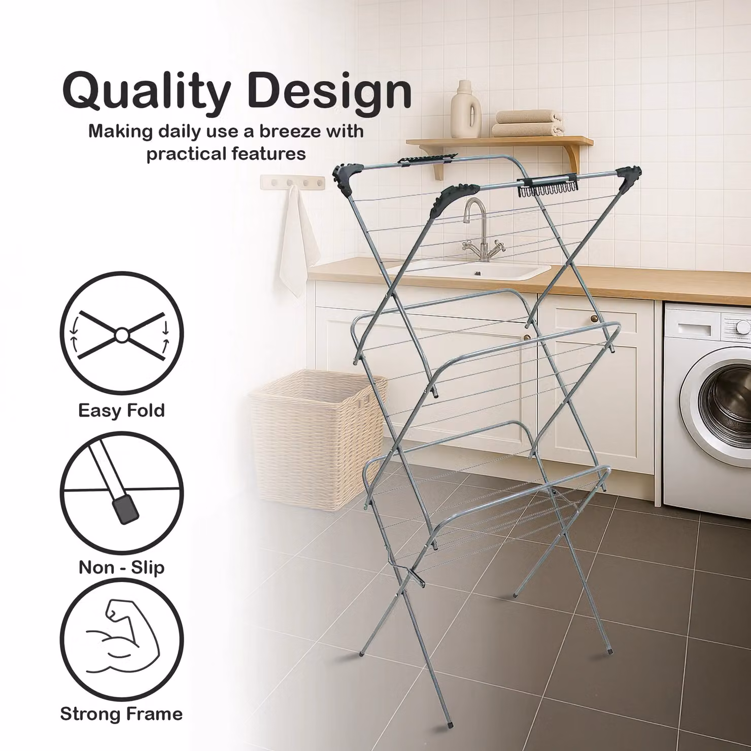 Libbi Lou 3-Tier Foldable Indoor Clothes Airing Rack with 14m Drying Space in Metallic Silver – 2