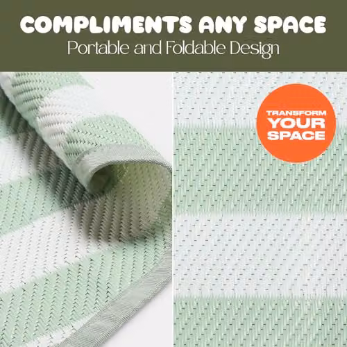 OHS Round Striped Outdoor Garden Rug in Green and White, Diameter: 170 cm – 3