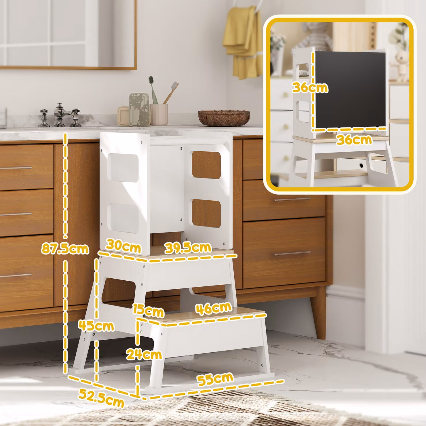 AIYAPLAY 2 in 1 Toddler Learning Tower with Chalkboard and Safety Rail, White – 3