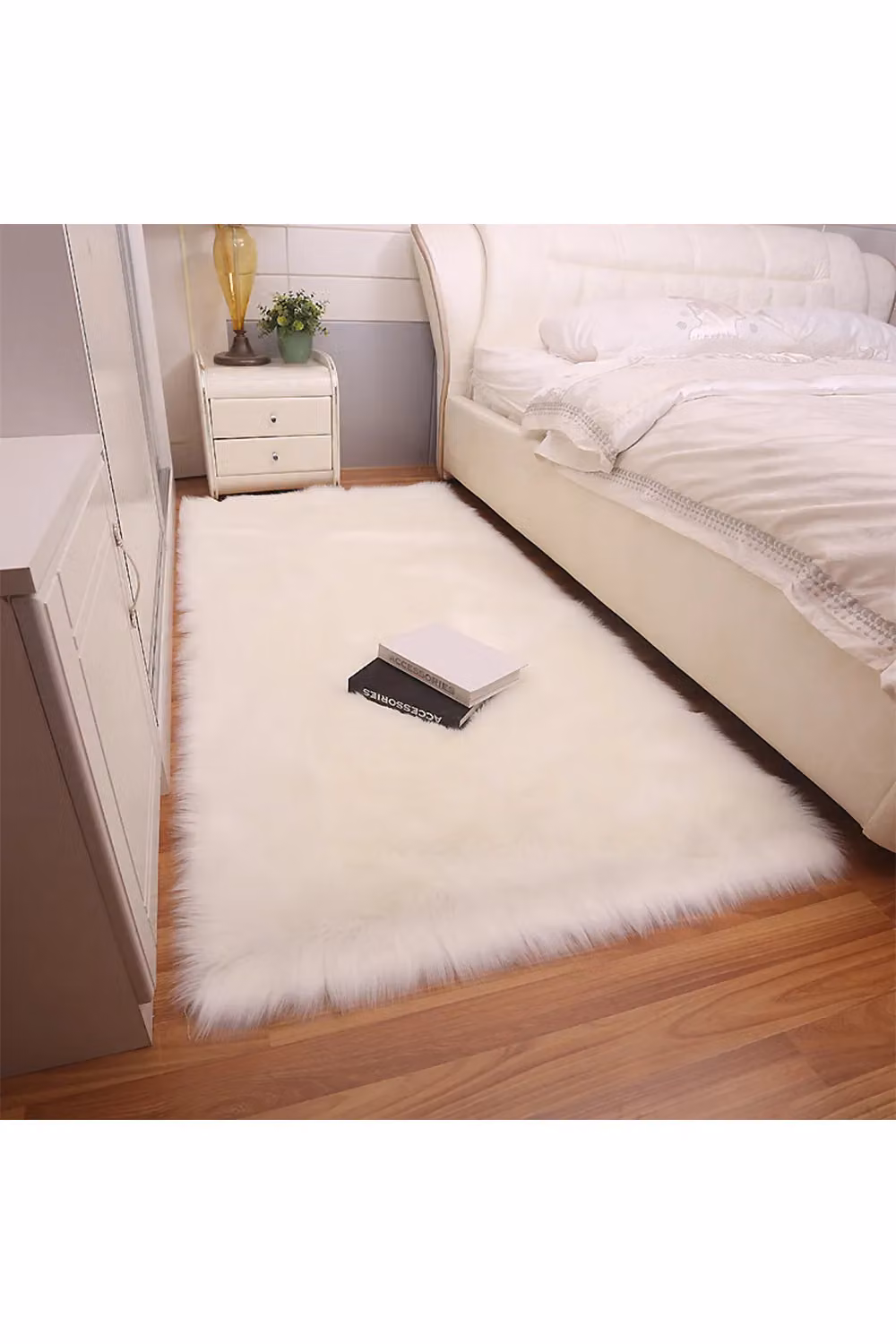 Living and Home Dwayne Handmade White Faux Fur Rectangular Rug W: 60 cm, L: 90 cm – 2