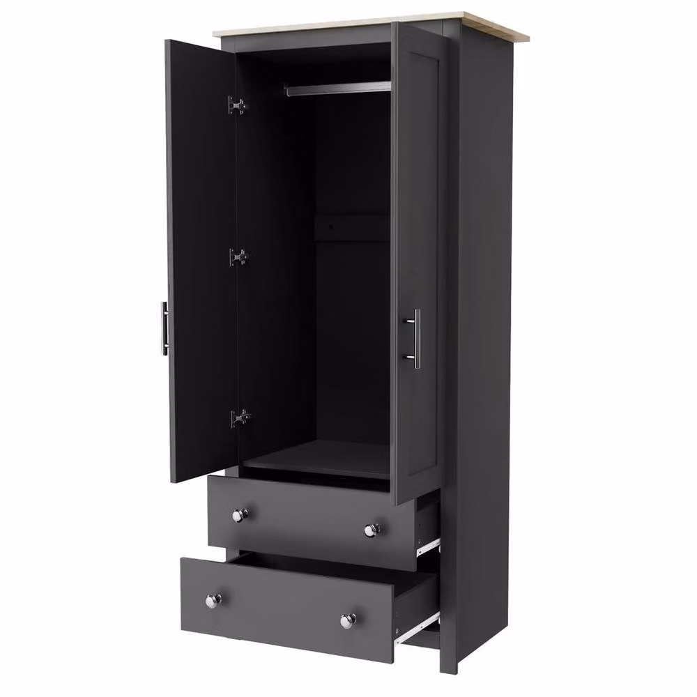 FLAVORA Modern Grey Freestanding Wardrobe with Hinged Doors and Integrated Drawers – 4