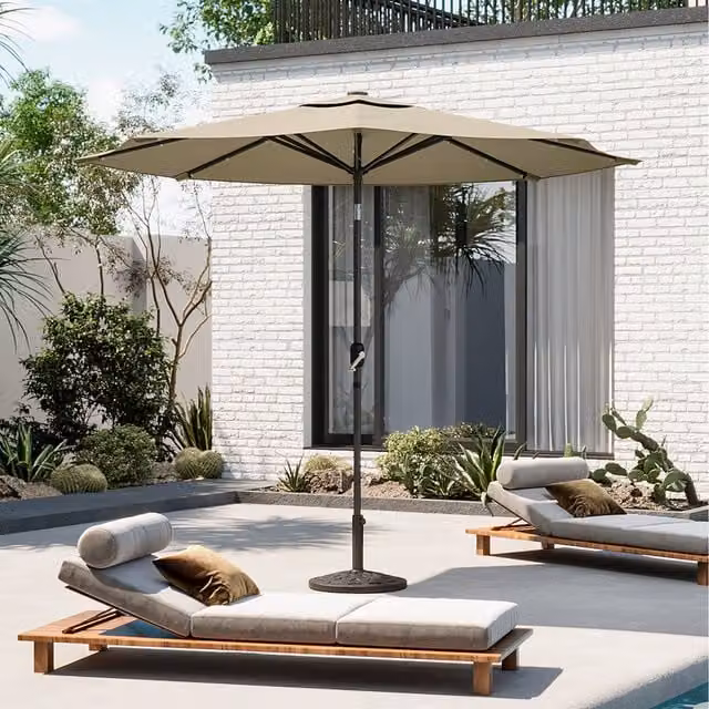 Breeins Lighted Garden Parasol with Crank Lift and Resin Base in Beige