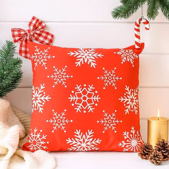Voltico Festive Christmas Cushion in Red with Snowflake and Santa Hat Design, W/D/H: 35 x 35 x 35 cm