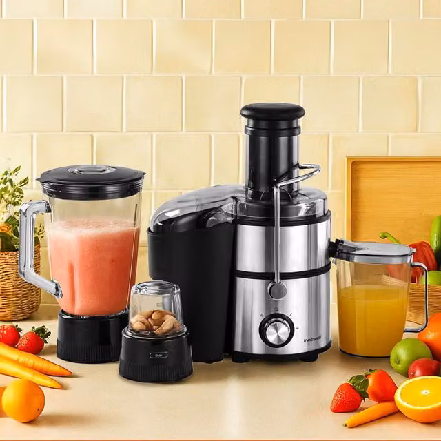 Innoteck 3 in 1 Centrifugal Juicer, Blender and Grinder Set with Glass Jug, Silver