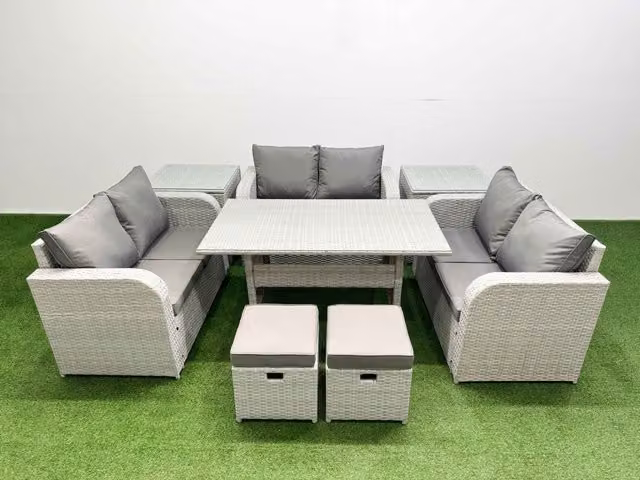 Fimous 8 Seater PE Wicker Rattan Garden Furniture Set in Light Grey with Rectangular Dining Table, 2 Seater Love Sofa, 2 Stools and 2 Side Tables