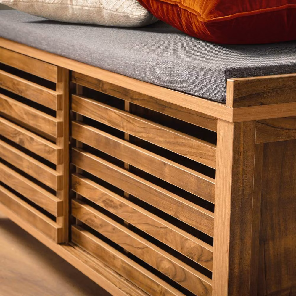 CALICOSY LIAM Shoe Bench with 2 Sliding Doors and Openwork Slats, Brown, W: 112 cm, D: 43.5 cm, H: 51 cm – 6