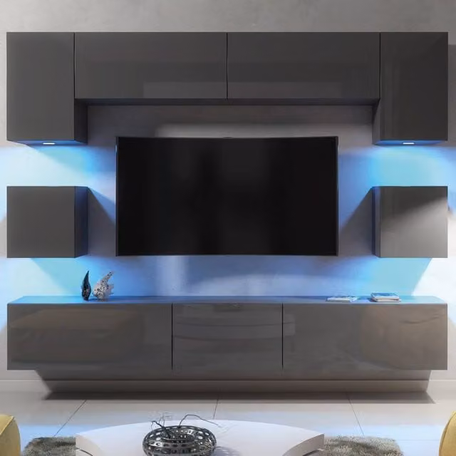 Creative Furniture Panorama Wall TV Unit in Grey with Glossy Hinged Doors and Integrated Lighting – 1