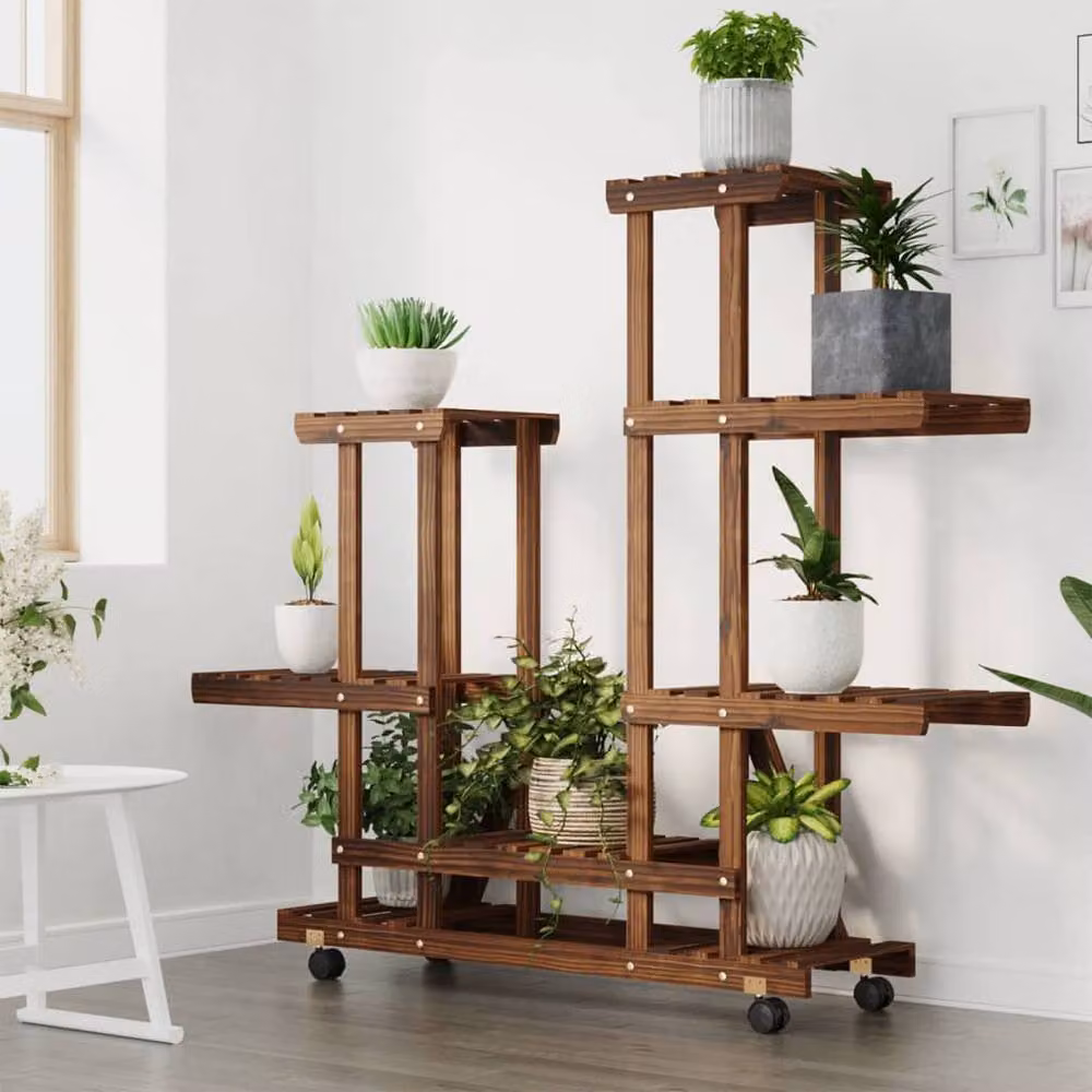 Berkfield Home Retro Wooden Flower Stand with Wheels in Brown, W/D/H: 95 x 25 x 101 cm – 3