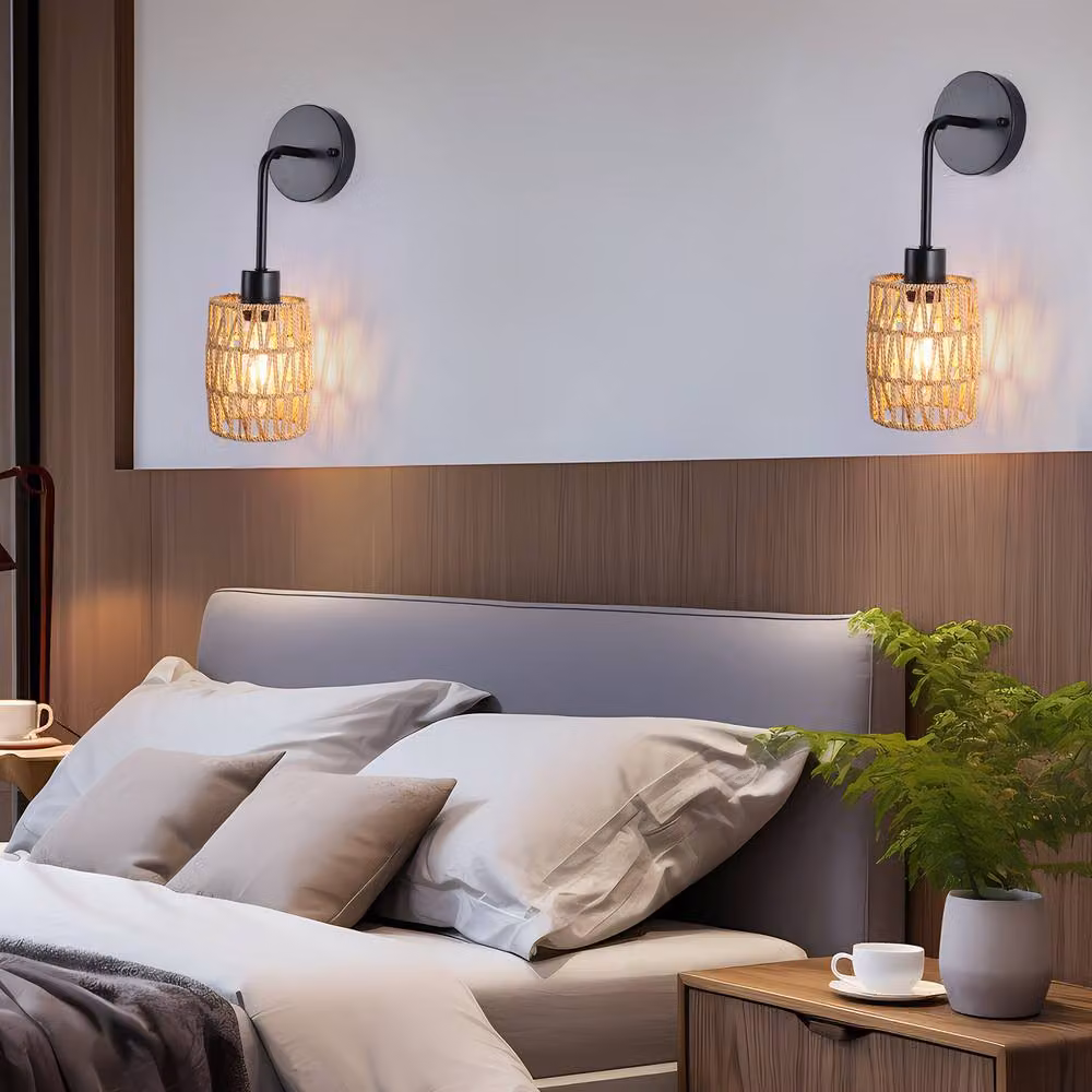NIVOR Set of 2 Farmhouse Woven Rattan Dimmable Armed Sconce Wall Lights in Brown – 4