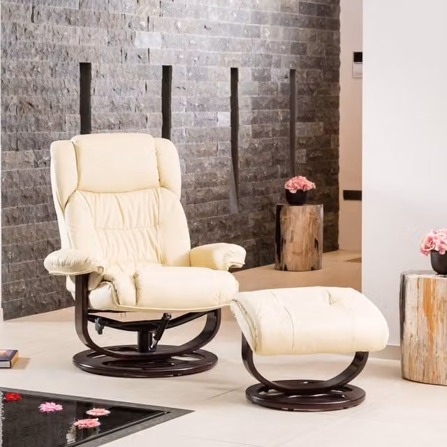 Artemis Home Gilchrist Swivel Recliner and Ottoman Set in Beige Synthetic Leather with Solid Wood Frame