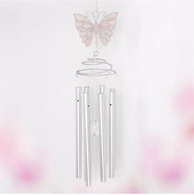 KDMD White Butterfly Windchime with Crystal and Silver Spiral Decor