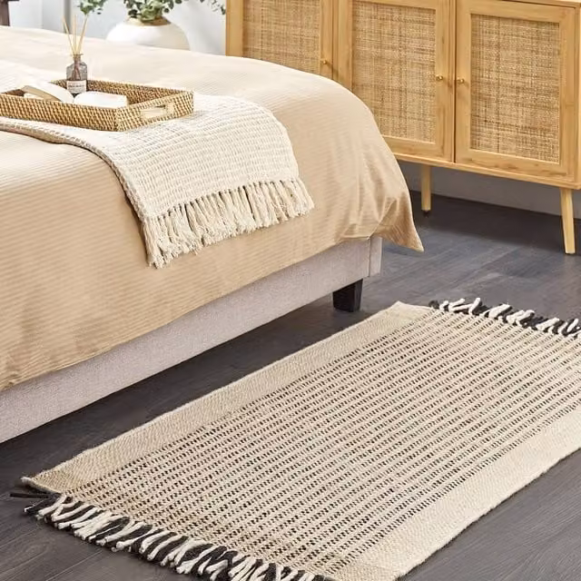Wyld and Coco Handwoven Flatweave Rectangular Rug in Beige and Black with Fringes, W: 80 cm, L: 150 cm