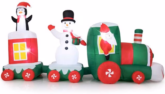 Gymax Red and Multicolour Christmas Inflatable Santa Claus Driving Train with LED Lights