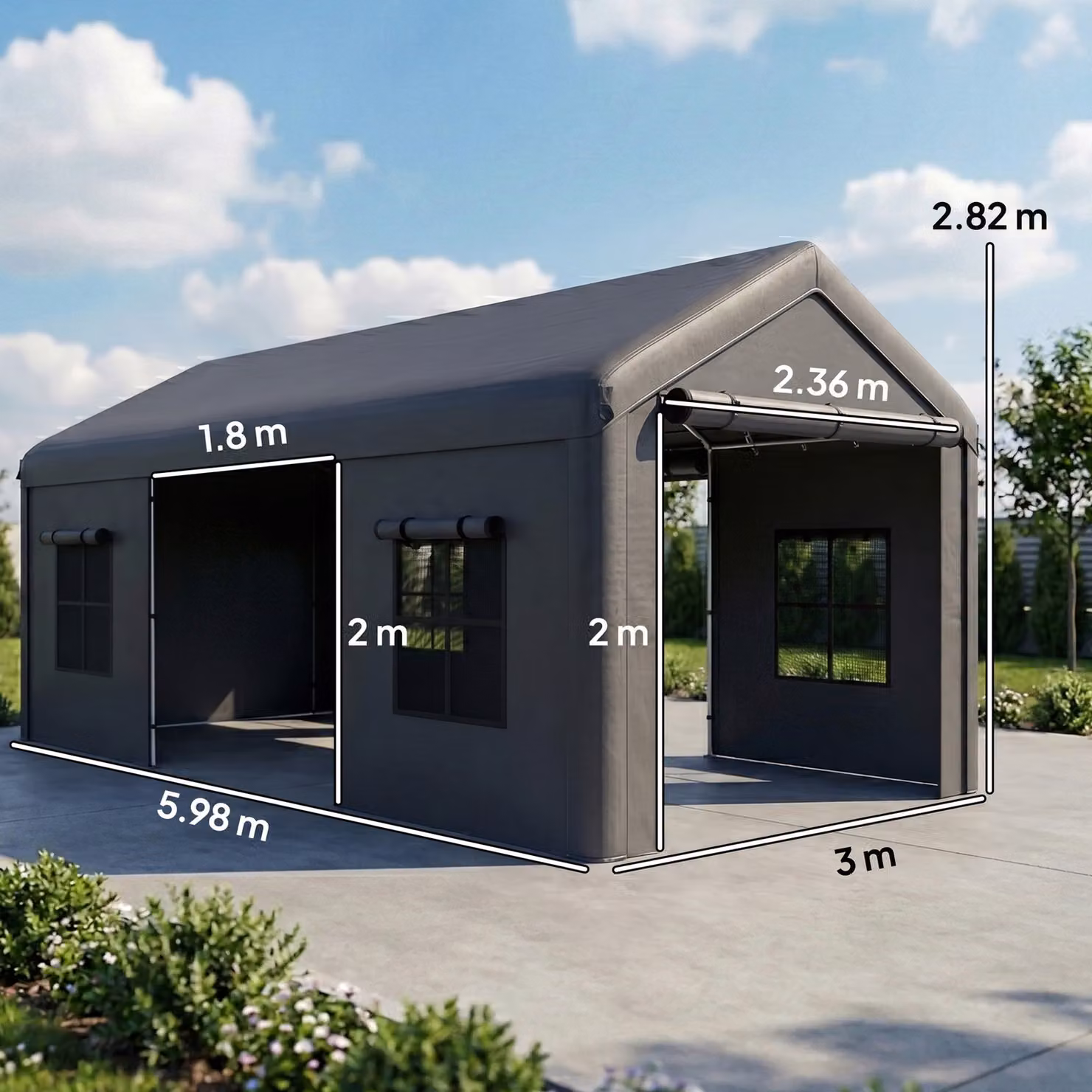 Outsunny Heavy Duty Carport Garage Canopy Tent with Galvanised Steel Frame, Doors and Windows, Dark Grey, W: 6 m, D: 3 m, H: 2.82 m – 3