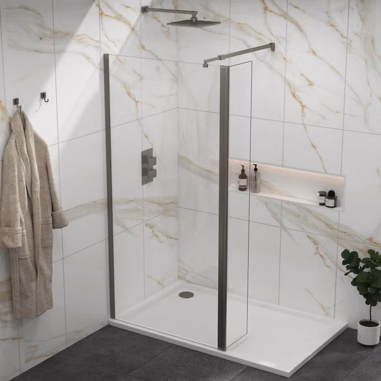 Royal Bathrooms Marbella 300mm Gun Metal Grey Wet Room Flipper Panel for Shower Screen, 8mm Easy Clean Clear Glass, W: 30 cm, H: 185 cm