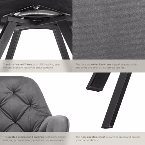 tectake Set of 4 Anthracite Velvet Swivel Dining Chairs with Armrests and Geometric Pattern – 6