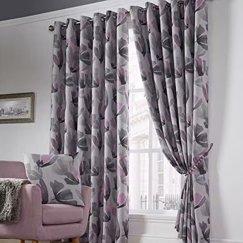 Luxor Living Floral Eyelet Ring Curtain Pair, Purple, Blackout and Thermal Insulating, W: 90 cm, H: 108 cm