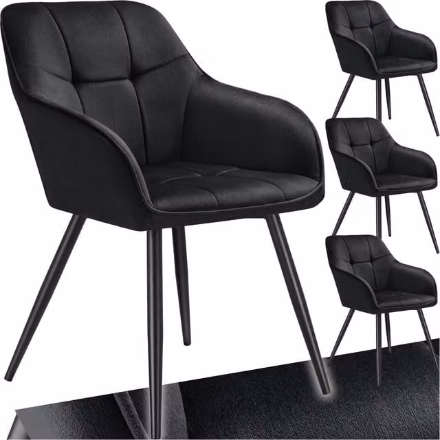 tectake Marilyn Dining Chair Set of 4 in Black Velvet Fabric with Geometric Pattern and Metal Frame