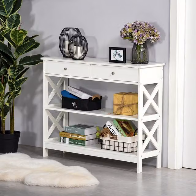 HOMCOM Modern White Hallway Side Table with Shelves and Drawers – 1